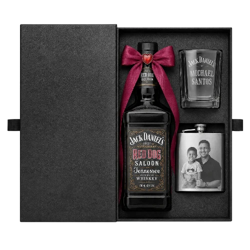 Customized Liquor Gift Set with Personal Gift Box, Whiskey, Flask with Photo Engraved, and Glass with Logo and Persoanal Name Engraved