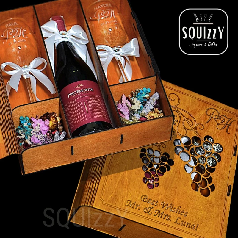 Gift Set for Wine- Wooden box (Customized) with 2 Wine glasses