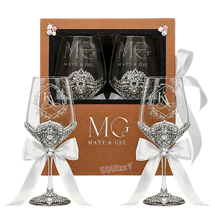 Wine Glass Set - Customized for Wedding or Birthday (Set of 2 Glasses 360ml with Crystals design and engraving of logo/text, gift box)
