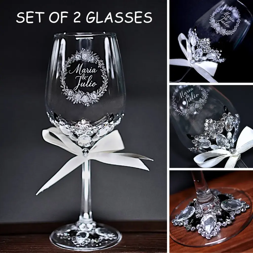 Wine Glass Set - Customized for Wedding or Birthday (Set of 2 Glasses 360ml with Crystals design and engraving of logo/text, gift box)