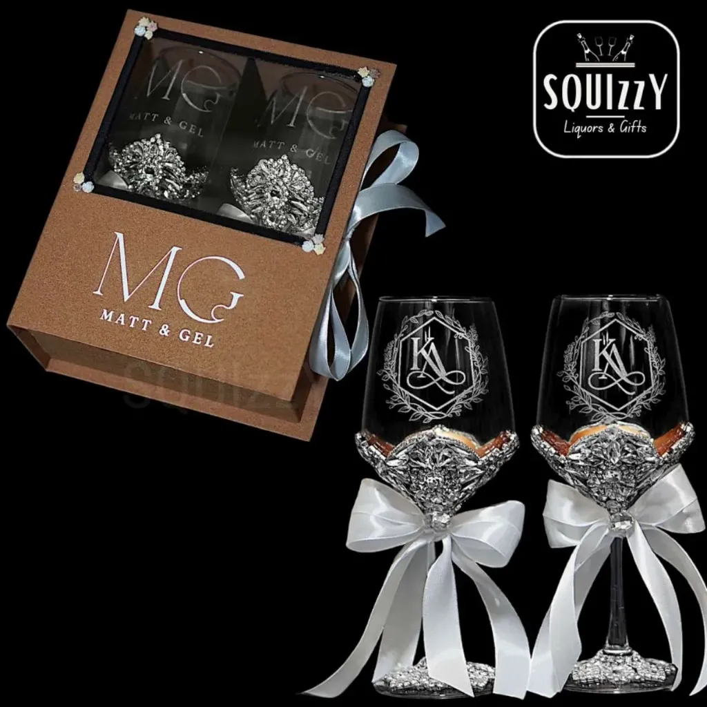 Wine Glass Set - Customized for Wedding or Birthday (Set of 2 Glasses 360ml with Crystals design and engraving of logo/text, gift box)