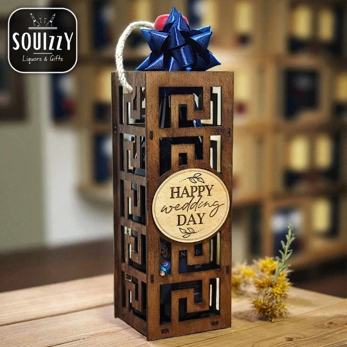 Gift Box Wooden (customized) for wine or liquor - with handles and engraved message