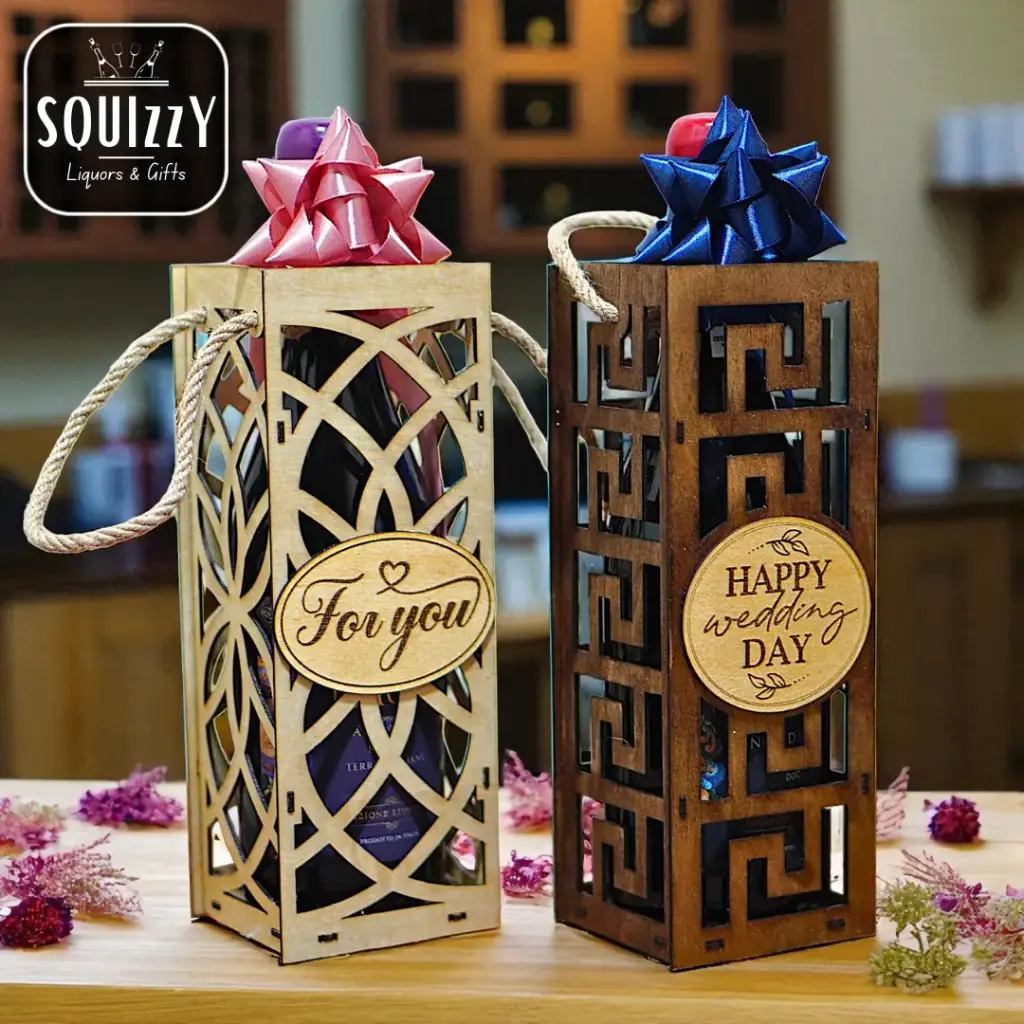 Gift Box Wooden (customized) for wine or liquor - with handles and engraved message