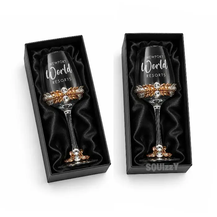 Wine Glass Set Silver - Customized for Wedding or Birthday (Set of 2 Glasses 360ml with Crystals design and engraving of logo/text, gift box)