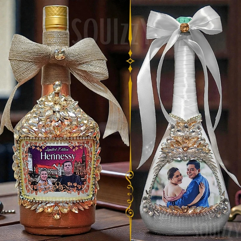 Crystal Bottle Customization for Wedding or Birthday - Personal Photo with Crystal Patterns