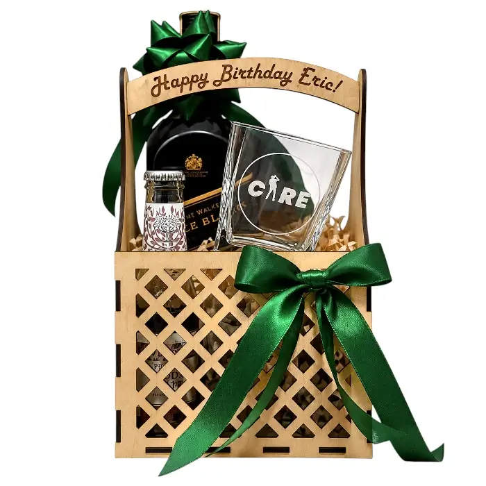Basket Gift Set "Smoky Delight" with Greetings, Johnnie Walker Double Black 1L, Customized Whisky Glass, Soda Water, Cheddar Cheese, Cashew