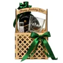Basket Gift Set "Smoky Delight" with Greetings, Johnnie Walker Double Black 1L, Customized Whisky Glass, Soda Water, Cheddar Cheese, Cashew