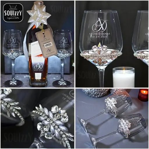 Wine Glass Set Silver - Customized for Wedding or Birthday (Set of 2 Glasses 360ml with Crystals design and engraving of logo/text, gift box)